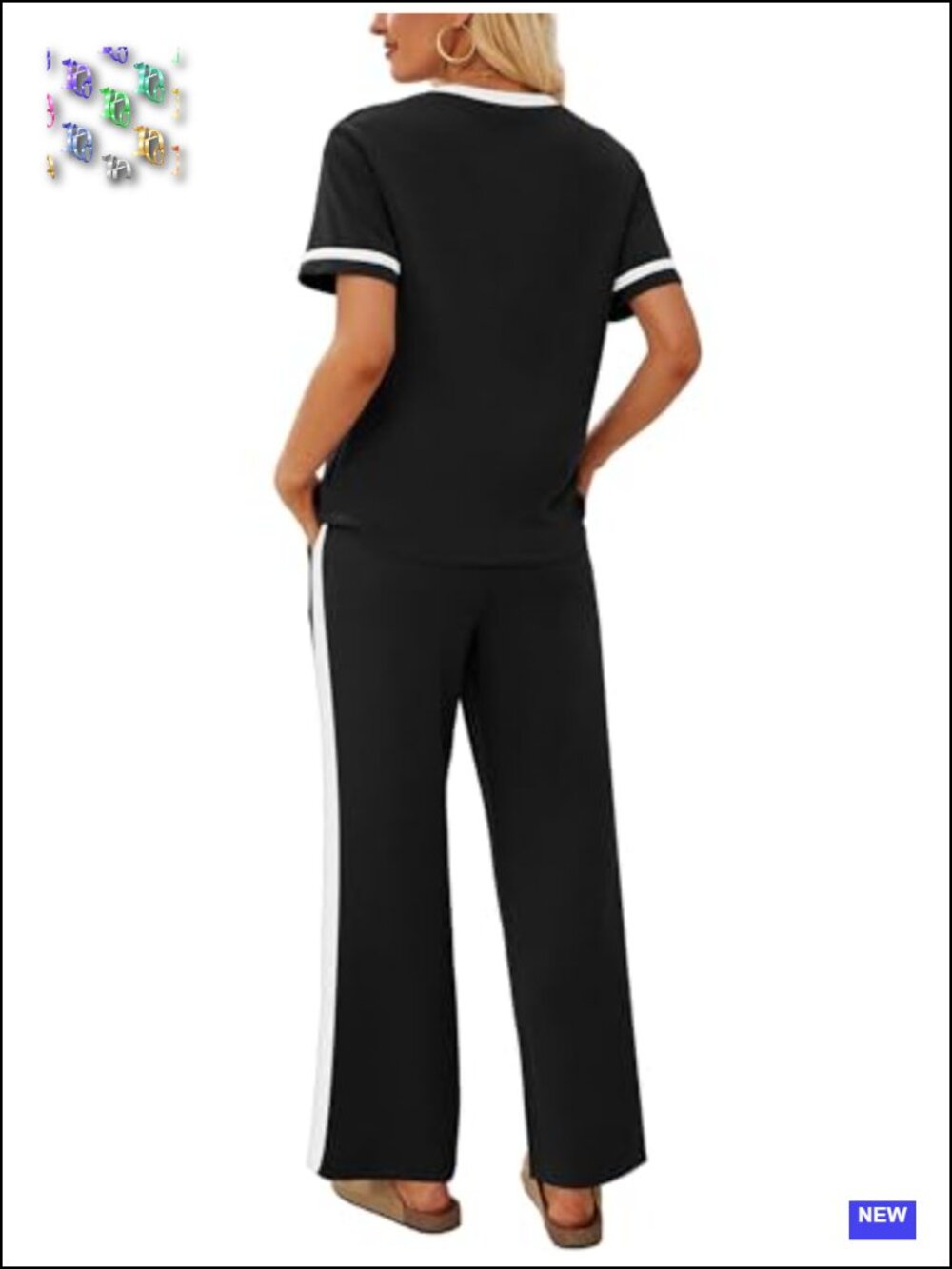 Women's 2 Piece Lounge Set Short Sleeve Crew Neck Top Wide Leg Pants with - Picture 4 of 6